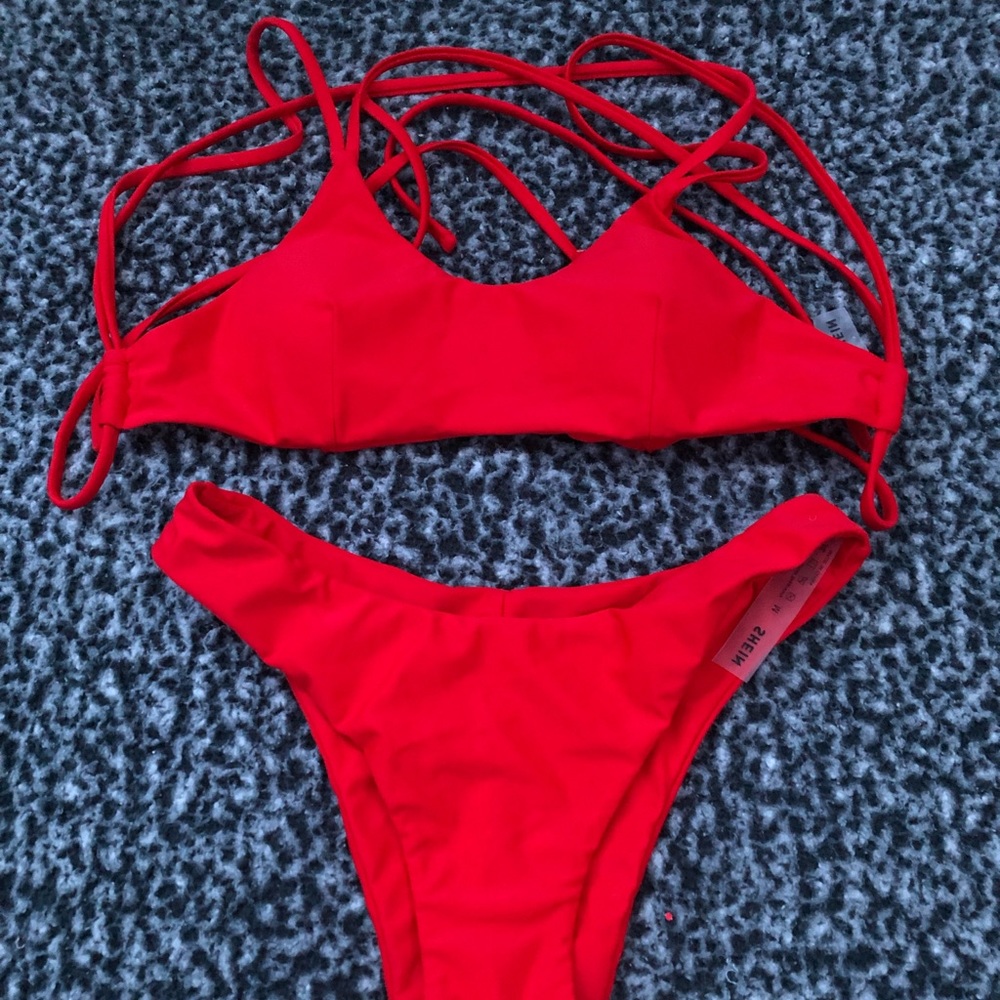 criss cross red bathing suit